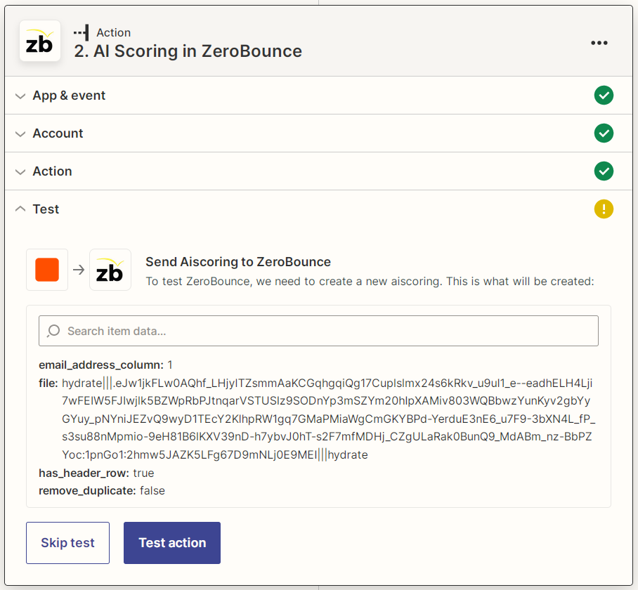 Zapier ZeroBounce AI Scoring test screenshot