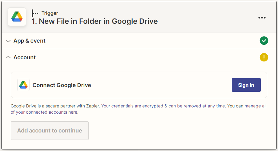 Zapier Google Drive connection request screenshot