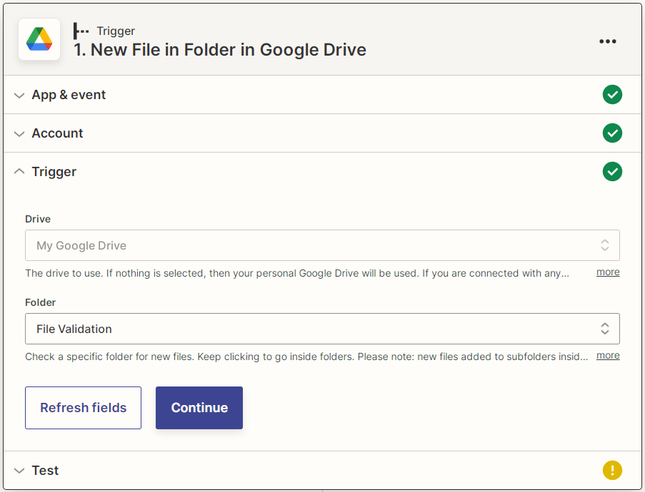 Zapier Google Drive connected account screenshot