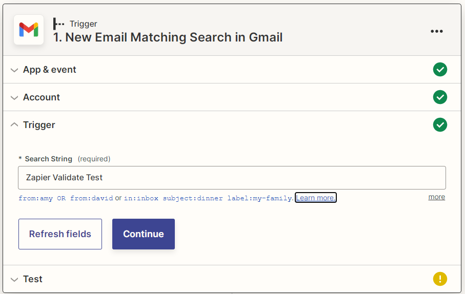 Zapier Gmail Search String screenshot