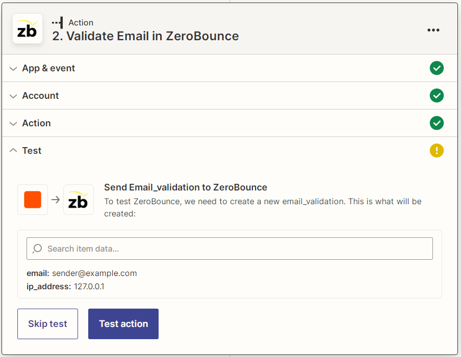 Screenshot showing how to test your Validate Email action using the Zapier integration