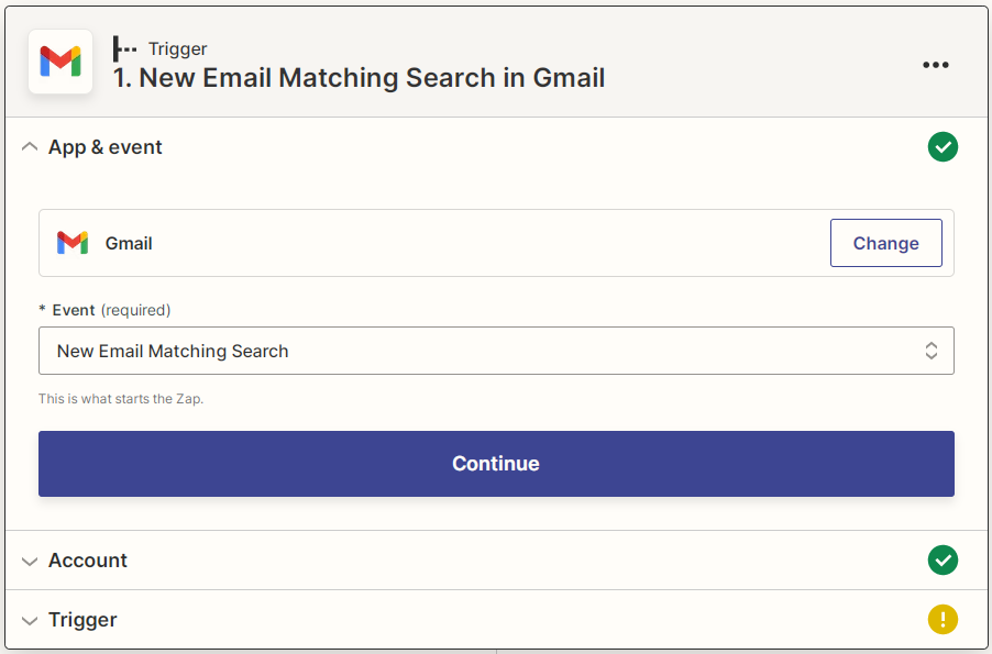 Zapier Gmail New Email Matching Search trigger event creation screenshot