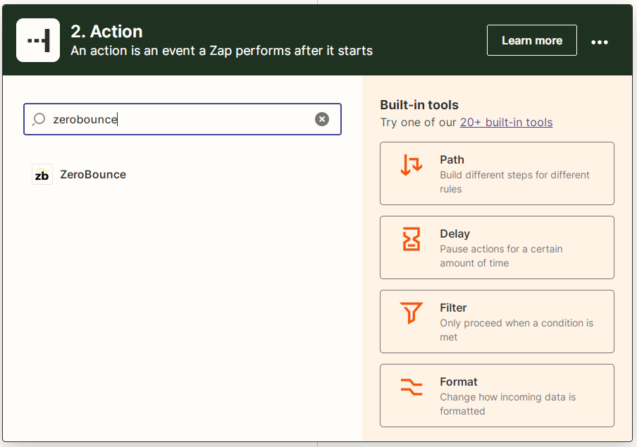 Screenshot showing a search for ZeroBounce in Zapier to create the Get Activity action