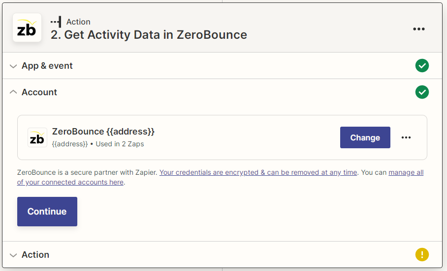Zapier ZeroBounce connected account screenshot
