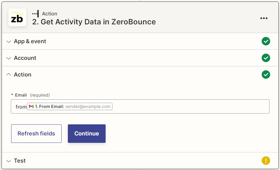 Zapier ZeroBounce Get Activity Data parameters screenshot