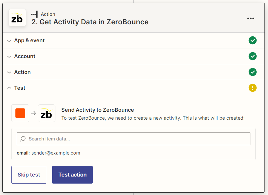 Zapier ZeroBounce Get Activity Data test action screenshot