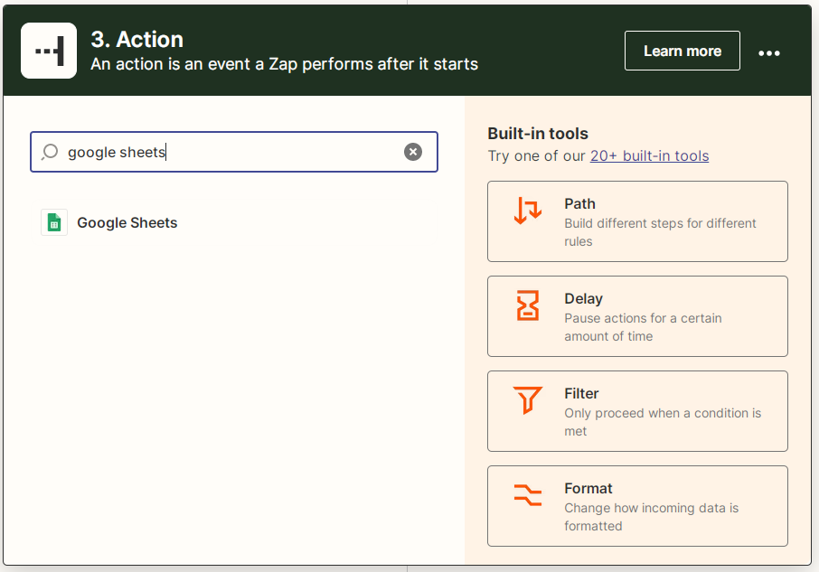 Screenshot showing how to find Google Sheets to create a new action for your Zapier integration