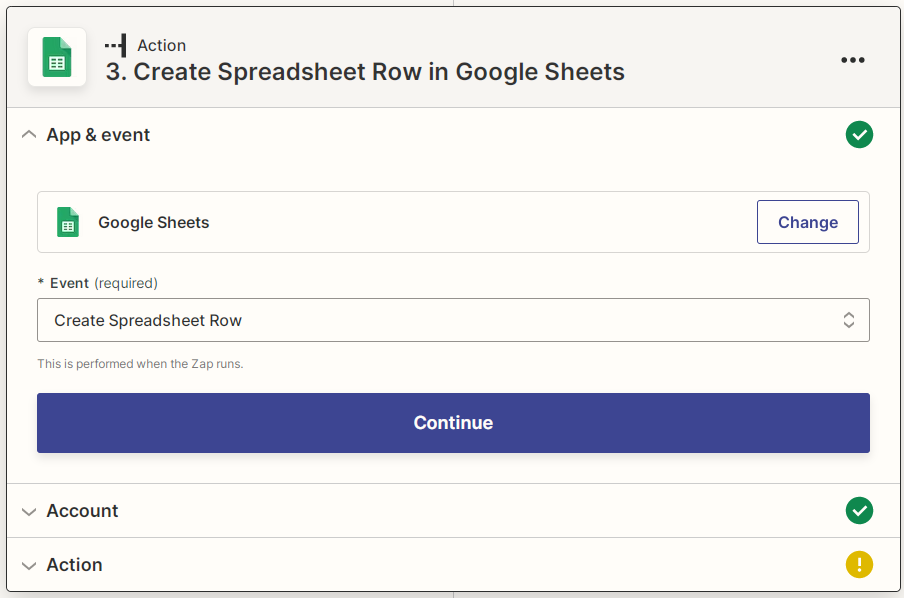 Zapier Google Sheets Create Spreadsheet Row screenshot