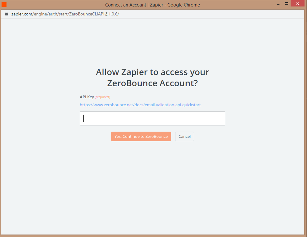 ZeroBounce API key input screen for the Zapier integration
