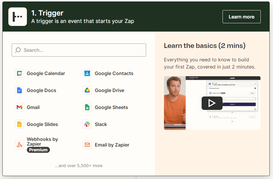 Screenshot of Zapier’s new trigger creation tool
