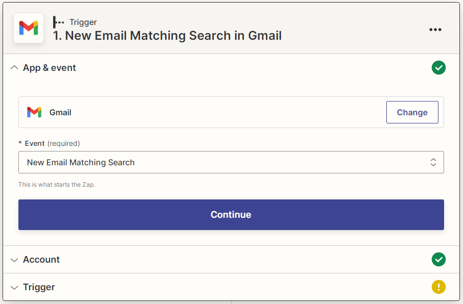 Zapier Gmail New Email Matching Search screenshot