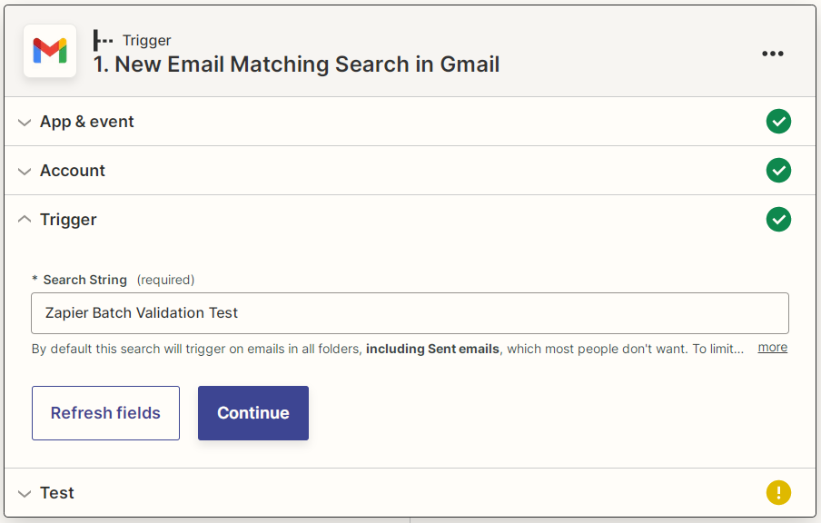 Zapier Gmail New Email Matching Search Search String screenshot