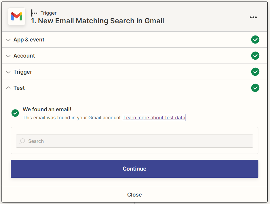 Screenshot of a successful new email matching string test in Zapier
