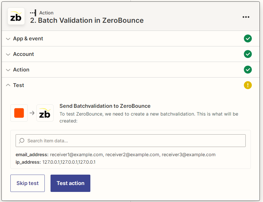Zapier ZeroBounce Batch Validation action test screenshot