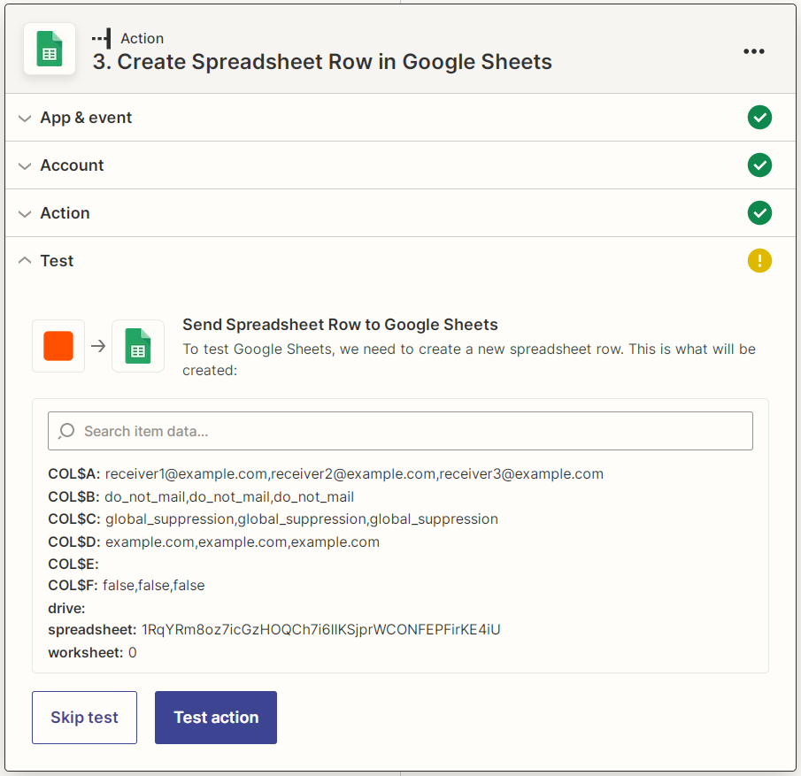 Zapier Google Sheets create spreadsheet row action test screenshot