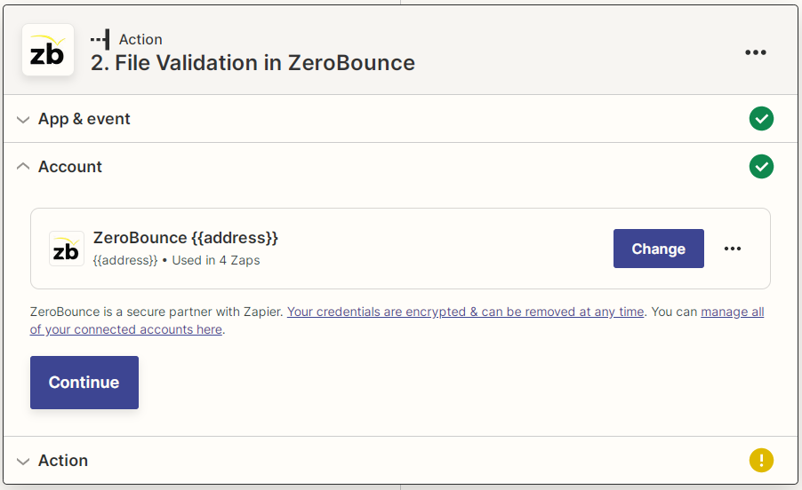 Zapier ZeroBounce linked account screenshot