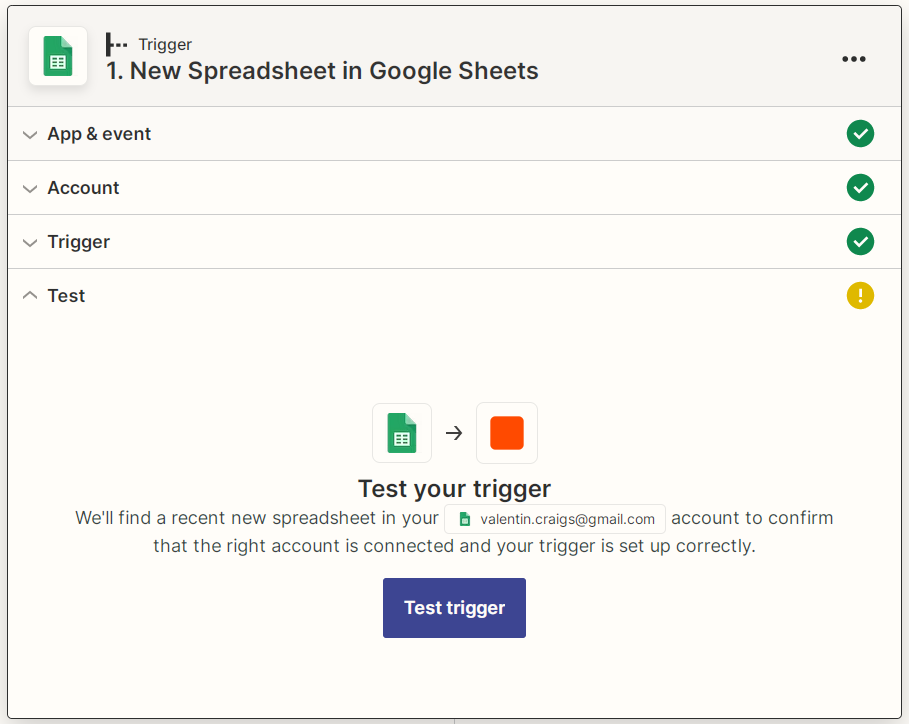 Zapier Google Sheets New Spreadsheet test screenshot